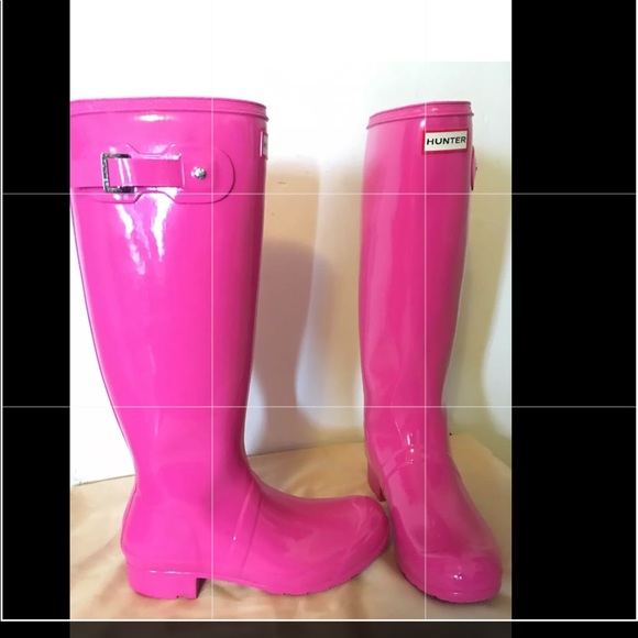 Hunter Tall Knee High Gloss Bright Pink Rain Boots - Picture 1 of 5